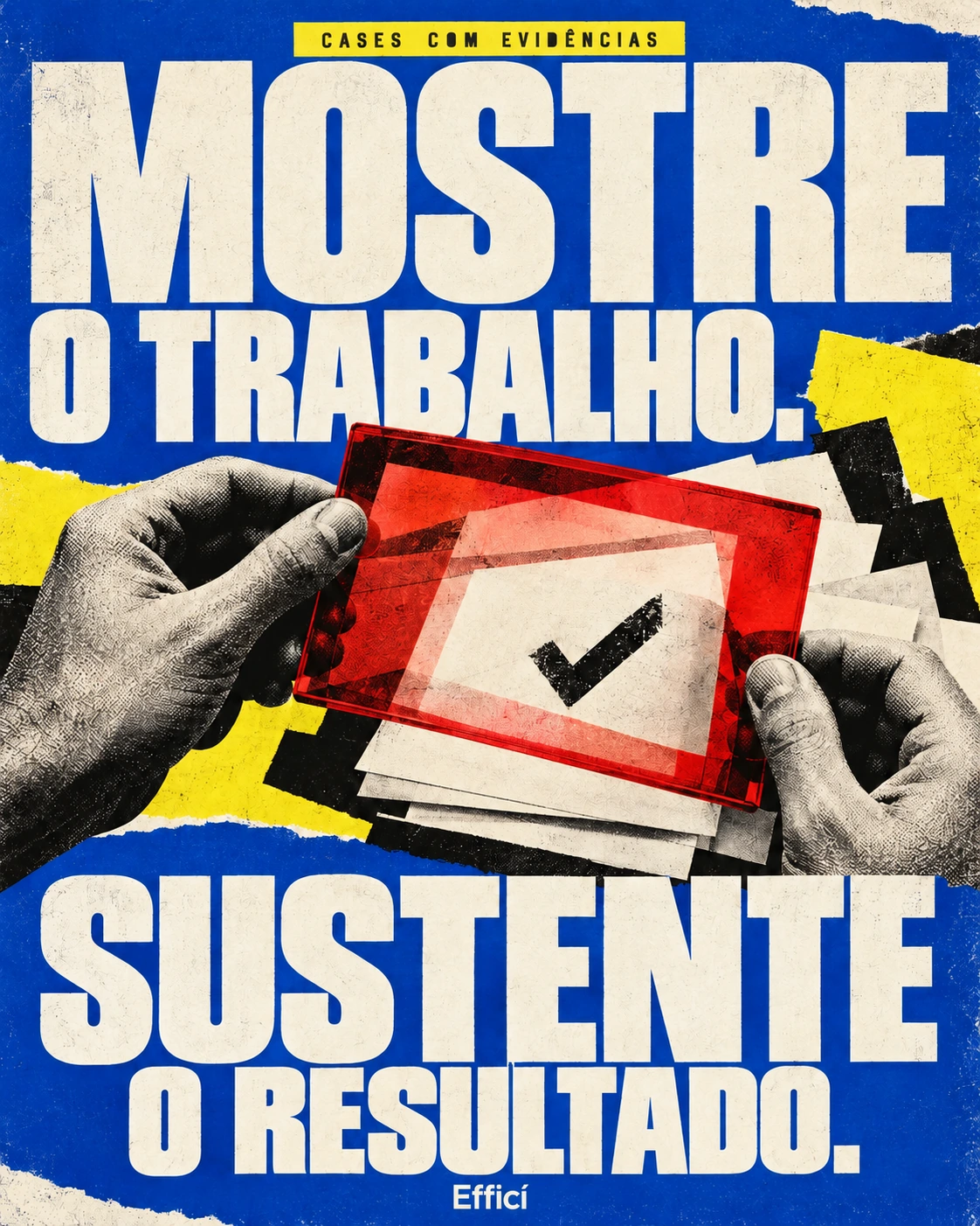 Pôster Pop Art azul com mãos examinando documentos: Mostre o trabalho. Sustente o resultado.