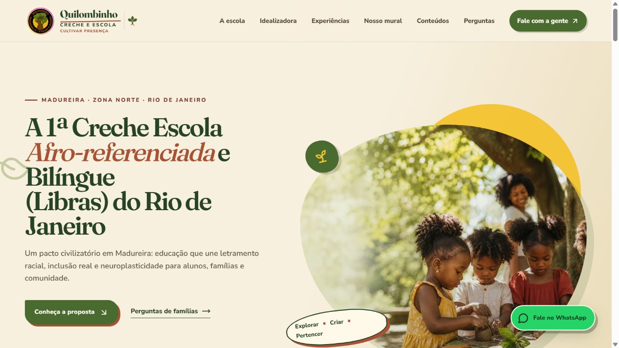 Site Quilombinho: apresentação em tela ampla